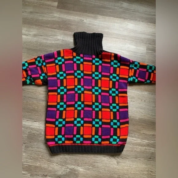 VTG ROBERTA FREYMANN Grandpa Sweater Turtleneck Funky Retro Multi Color Black S - Picture 6 of 8